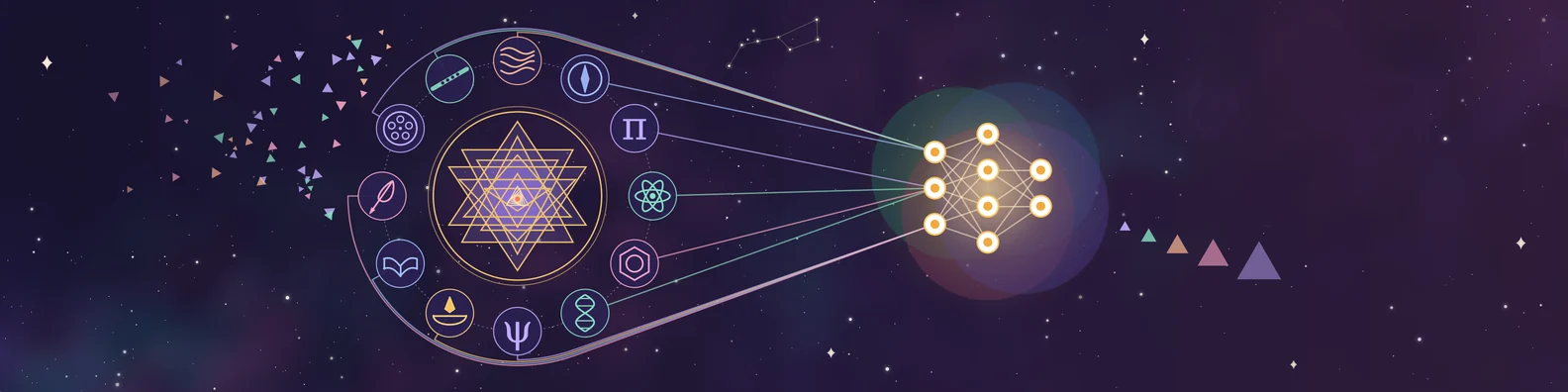 On a night sky, scattered triangles gather into a yantra ringed by subject symbols, and threads run into a glowing neural network.