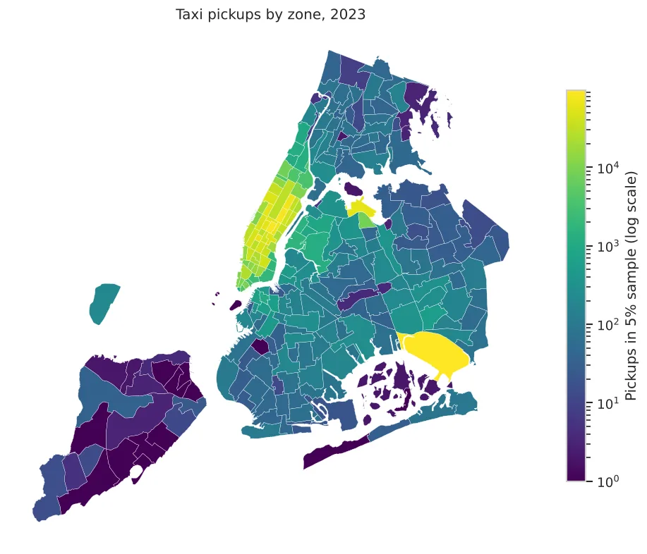 Map of New York City taxi zones shaded by number of pickups in 2023; airports and Manhattan are darkest.