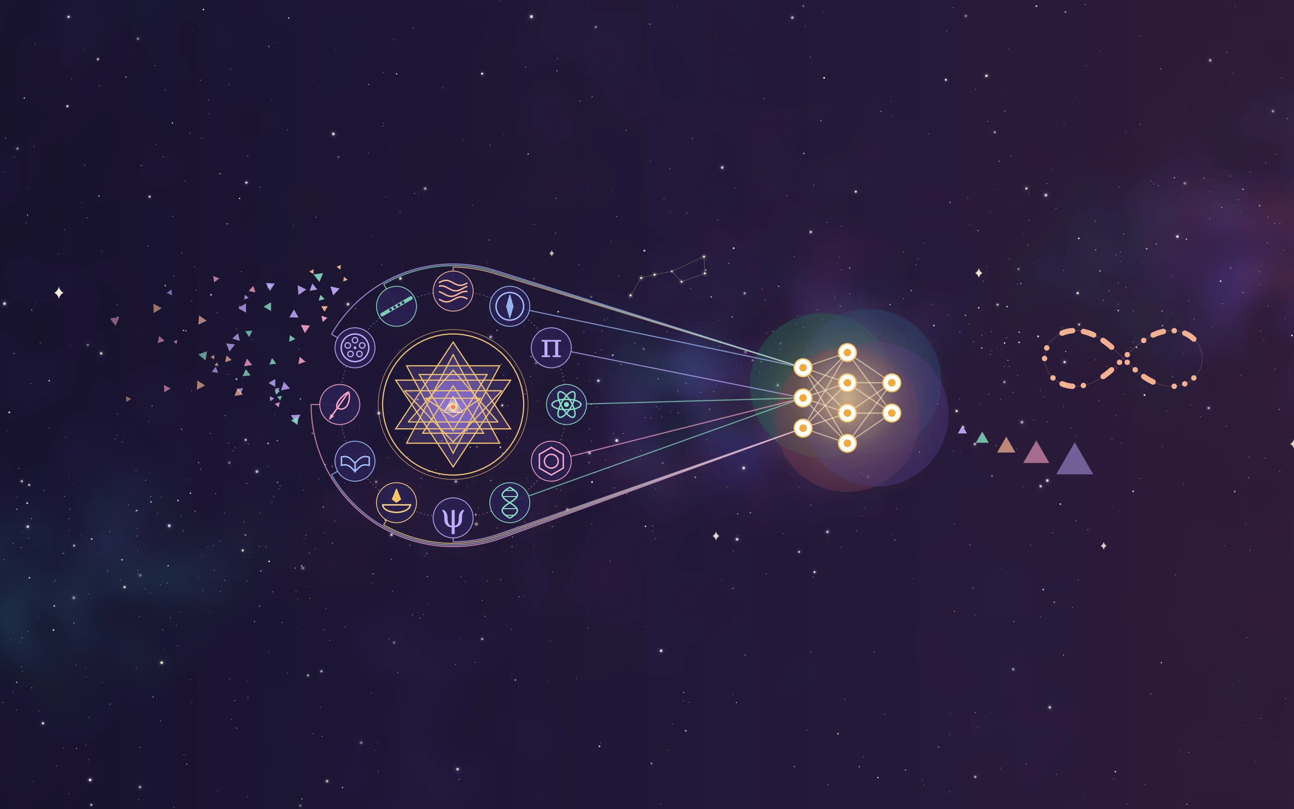 A night sky: scattered triangles gather into a yantra ringed by subject symbols, threads run into a glowing neural network, and two sparrows fly round an infinity loop.
